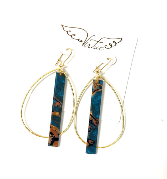 Acrylic Bar on Double Bale Hoop Earring in blue/brown marble by Virtue