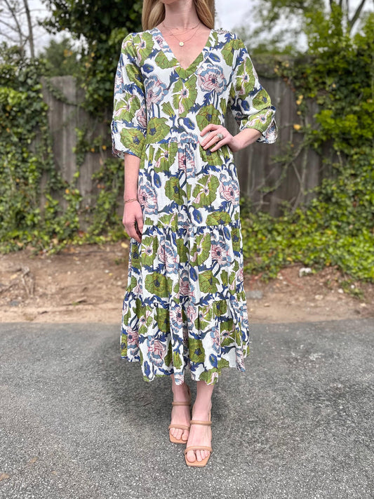 3/4 Sleeve Tiered Maxi in green/blue by Dress Addict