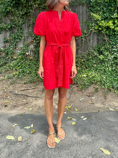 Shirred Sleeve Split Neck Dress in scarlet by Lilla P