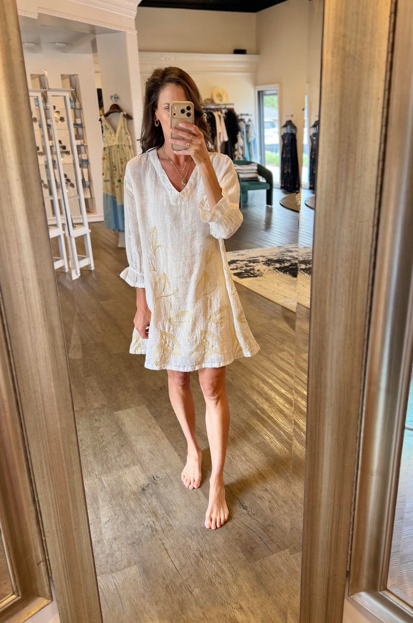 Embroidered Linen Dress in ecru/gold by Haris Cotton