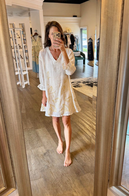Embroidered Linen Dress in ecru/gold by Haris Cotton