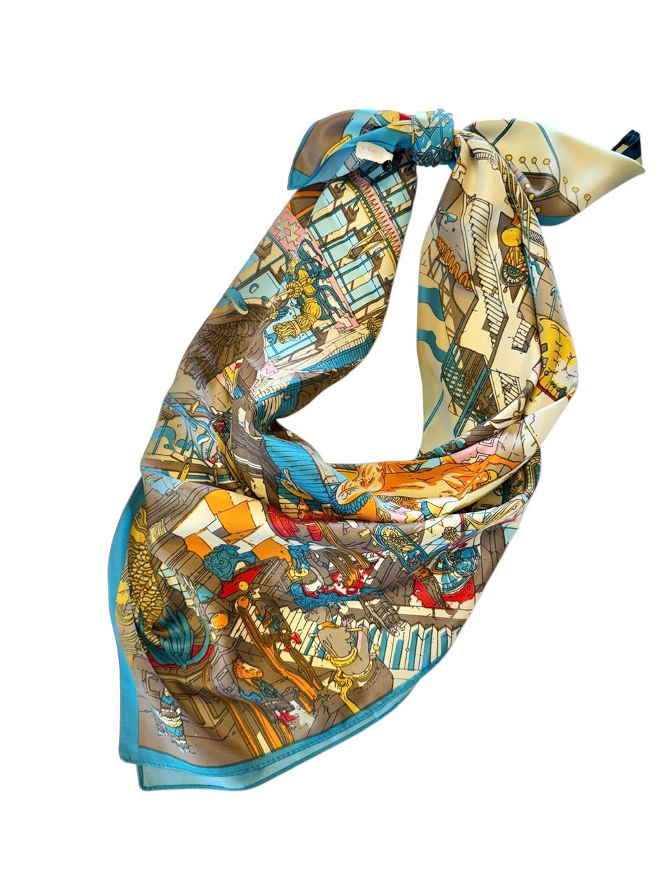 Train Print Silky Twill Scarf in ivory