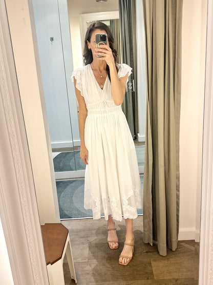 V-neck Flutter Slv White Midi Dress in White by Current Air