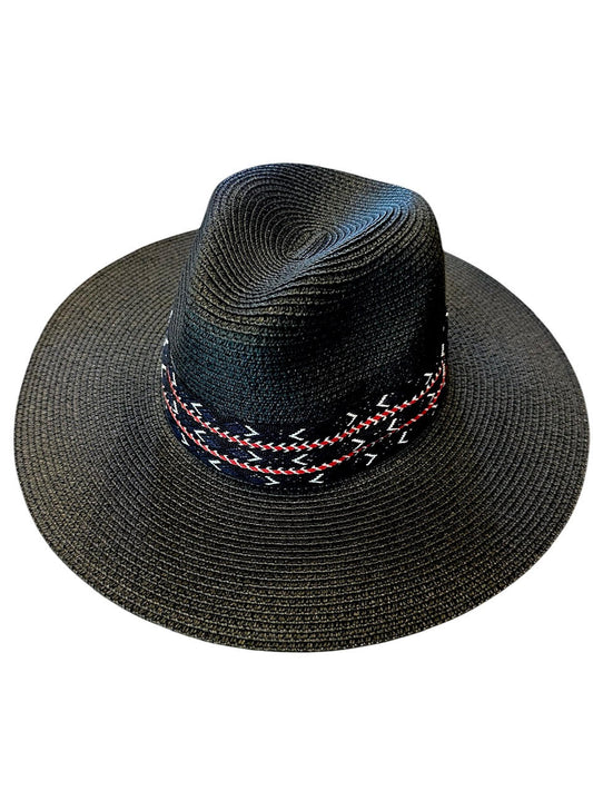 Tribal Striped Pattern Fedora Straw Hat in black