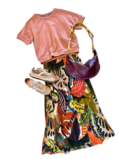 Abstract Printed Midi Skirt in marron by Aldo Martins