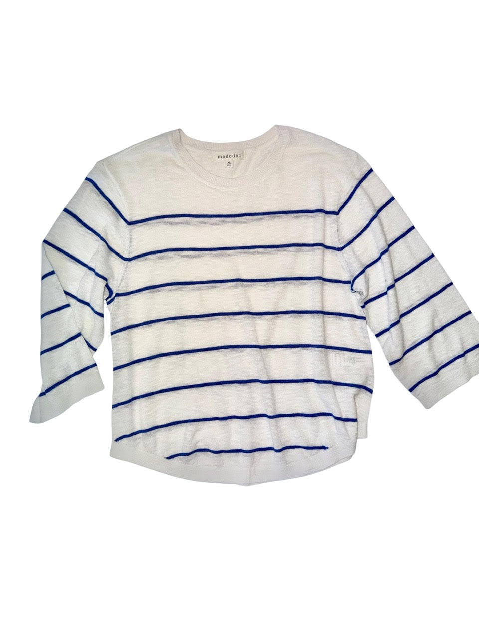 3/4 Sleeve Swing Stripe Sweater in white/tanzanite by Mododoc