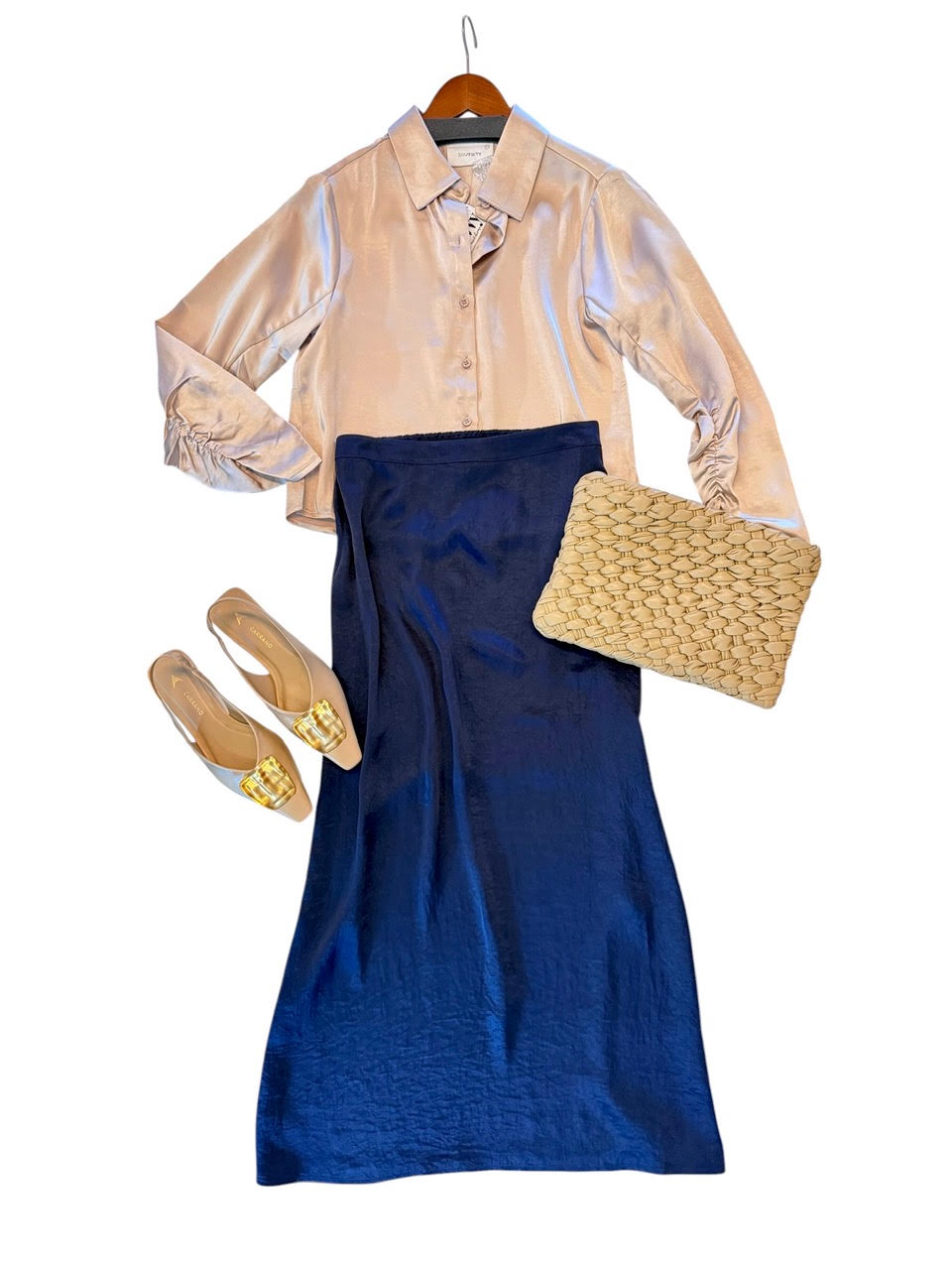 Dessi Satin Ruched Sleeve Button Down in natural champagne by Six Fifty