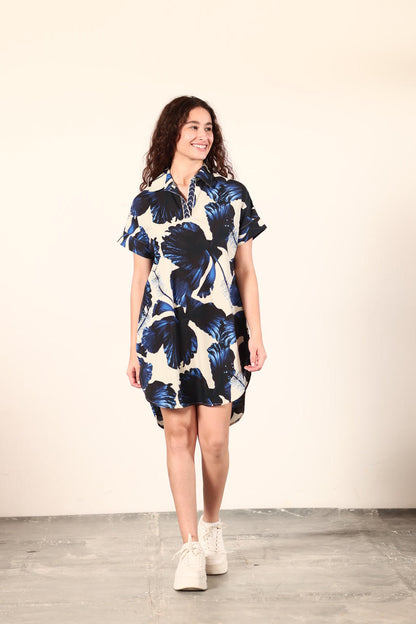 Anna Dress in indigo lillies by Maude Vivante