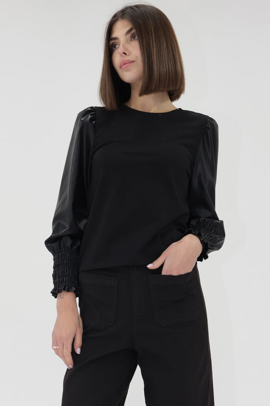 Giovana Faux Leather Sleeve Top in black by Another Love