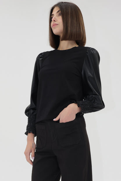 Giovana Faux Leather Sleeve Top in black by Another Love