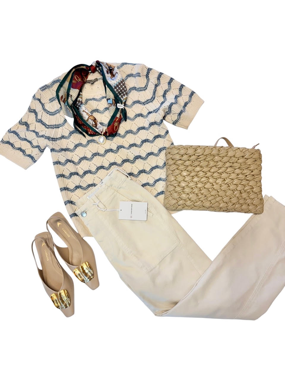 Short Sleeve Multistitch Pullover Sweater in winter white stripe by Lilla P