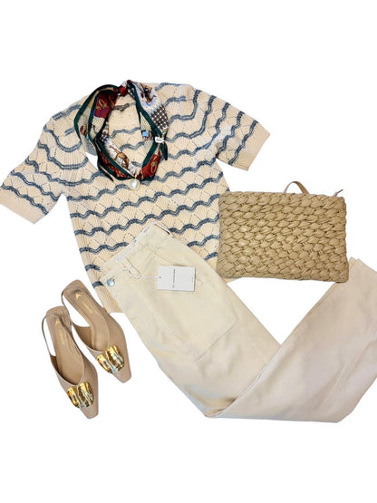 Short Sleeve Multistitch Pullover Sweater in winter white stripe by Lilla P