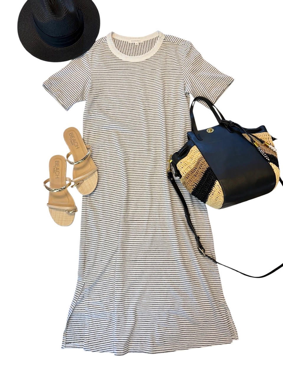 Half Sleeve Crew Midi Stripe Dress in white/black by Mododoc