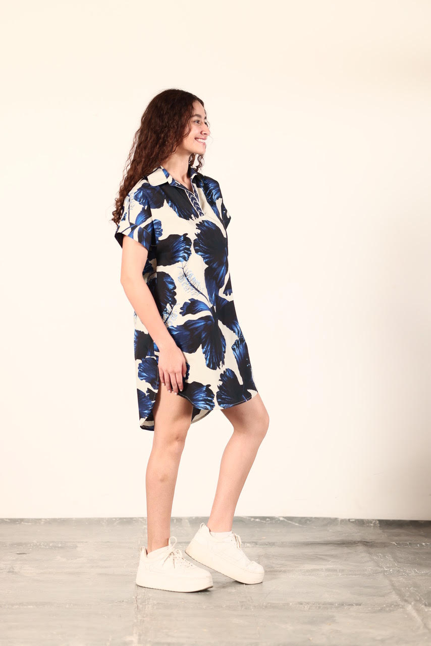 Anna Dress in indigo lillies by Maude Vivante