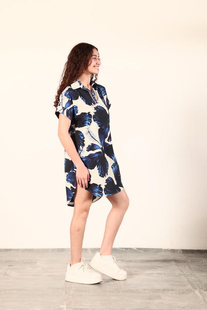 Anna Dress in indigo lillies by Maude Vivante