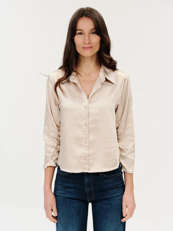 Dessi Satin Ruched Sleeve Button Down in natural champagne by Six Fifty