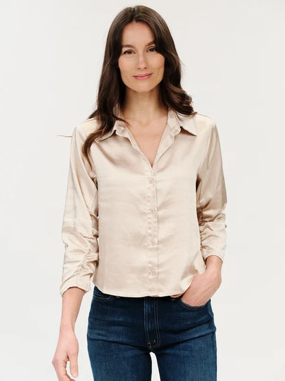 Dessi Satin Ruched Sleeve Button Down in natural champagne by Six Fifty
