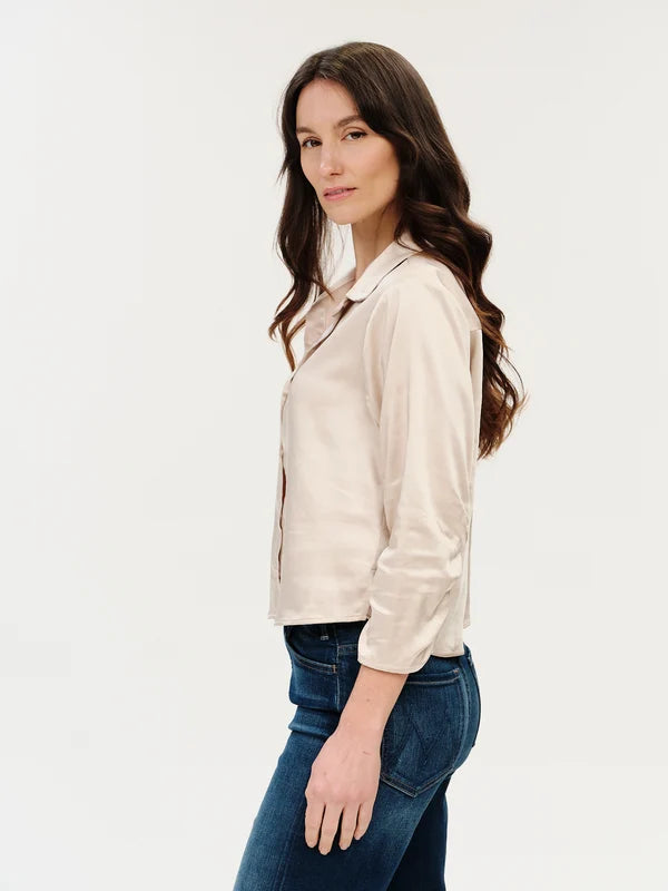 Dessi Satin Ruched Sleeve Button Down in natural champagne by Six Fifty