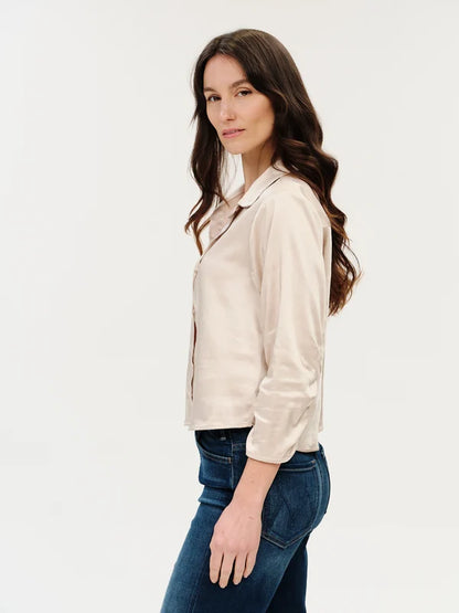 Dessi Satin Ruched Sleeve Button Down in natural champagne by Six Fifty