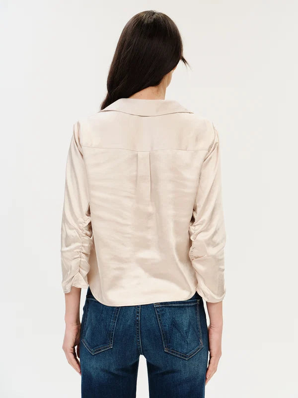Dessi Satin Ruched Sleeve Button Down in natural champagne by Six Fifty