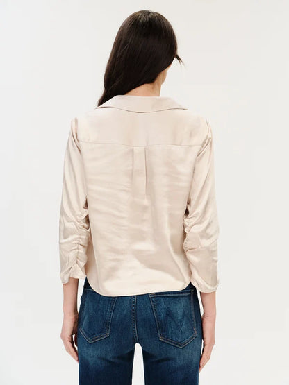 Dessi Satin Ruched Sleeve Button Down in natural champagne by Six Fifty