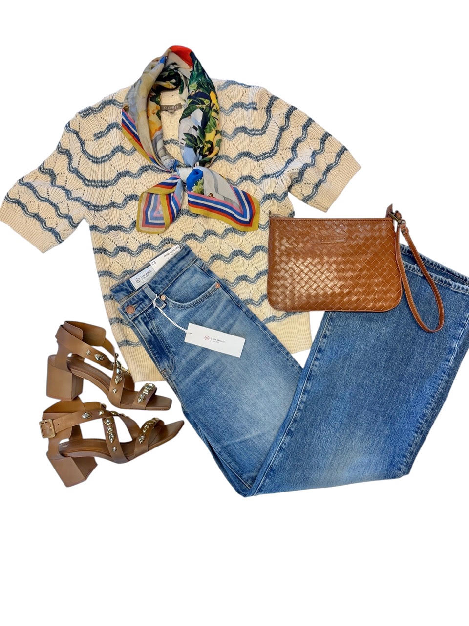 Short Sleeve Multistitch Pullover Sweater in winter white stripe by Lilla P