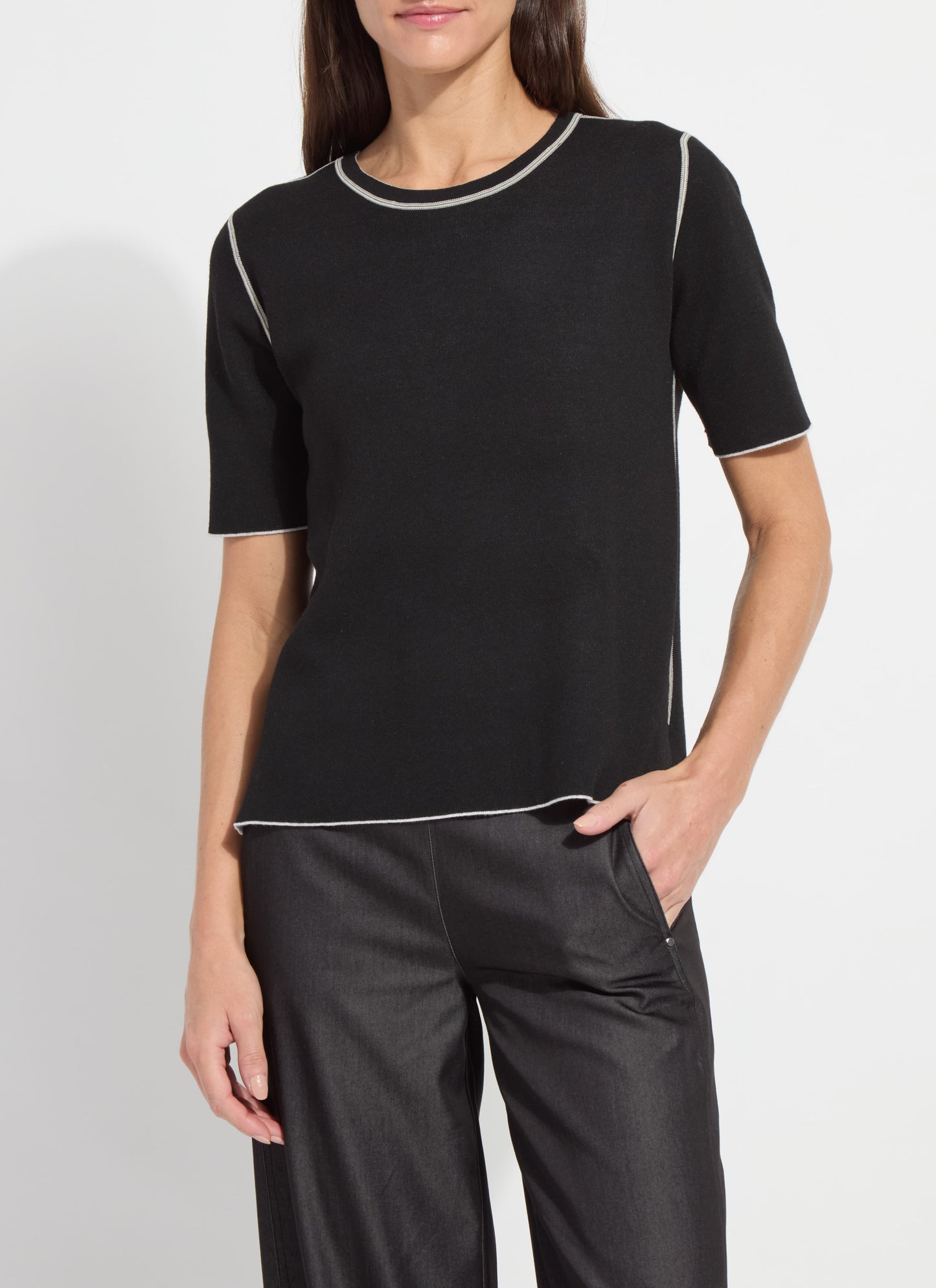 Odessa Reversible Knit Short Sleeve Top in black/pearl mélange by Lysse