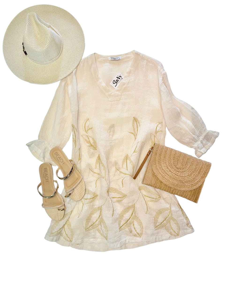 Embroidered Linen Dress in ecru/gold by Haris Cotton