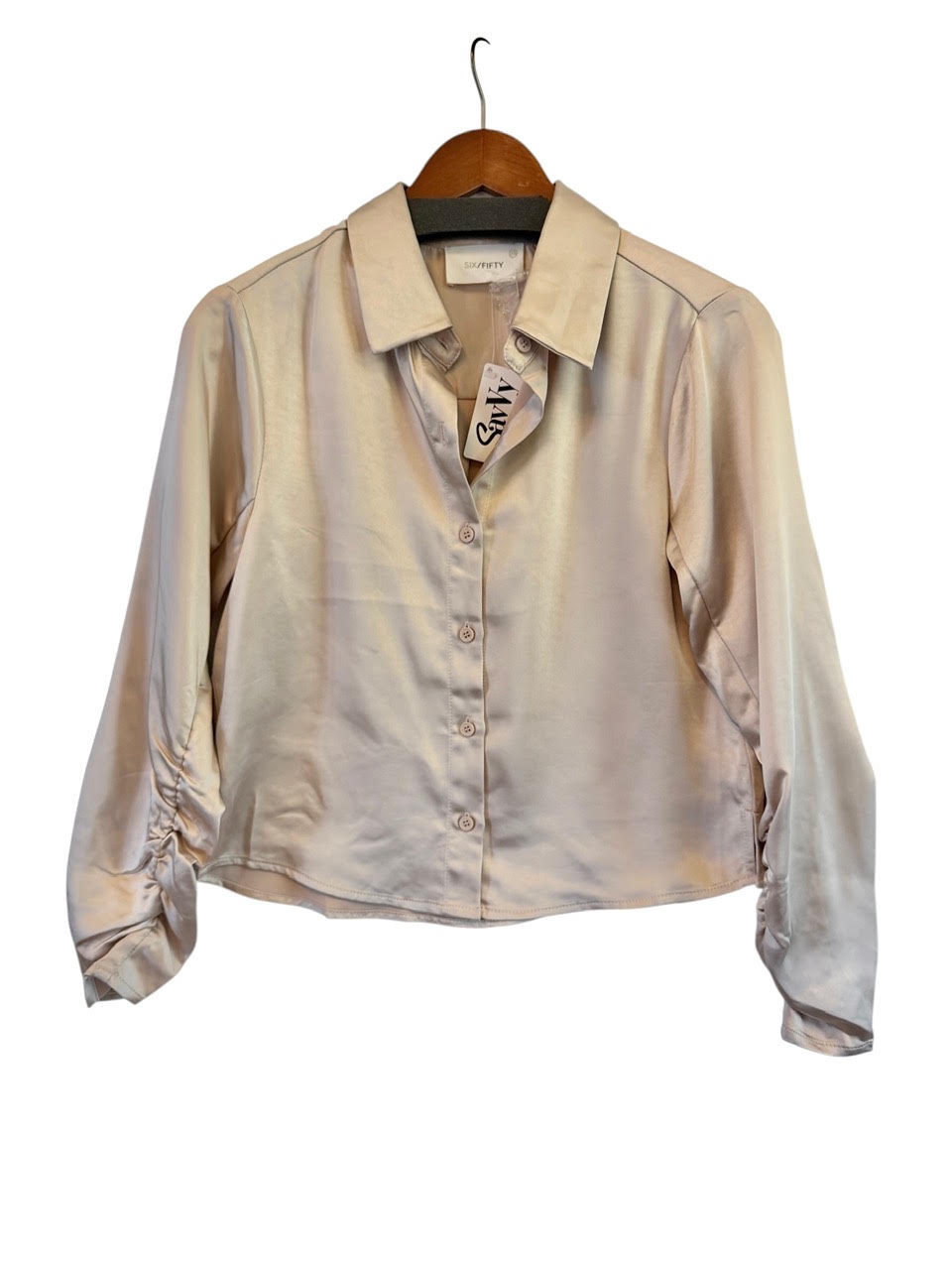 Dessi Satin Ruched Sleeve Button Down in natural champagne by Six Fifty