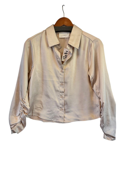 Dessi Satin Ruched Sleeve Button Down in natural champagne by Six Fifty