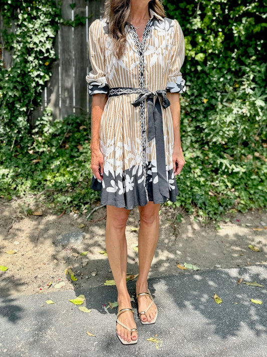 Long Sleeve Border Print Shirt Dress in beige/black by Skies are Blue