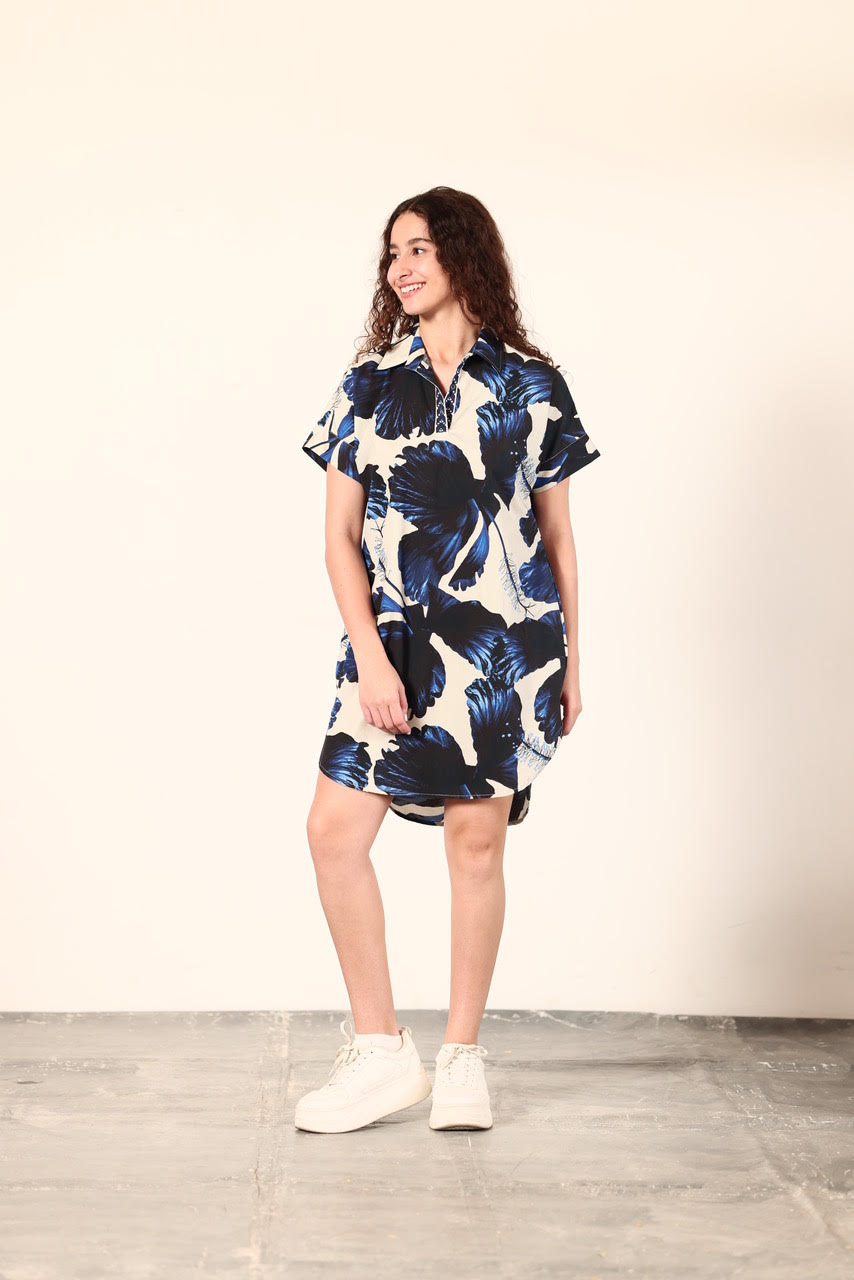 Anna Dress in indigo lillies by Maude Vivante