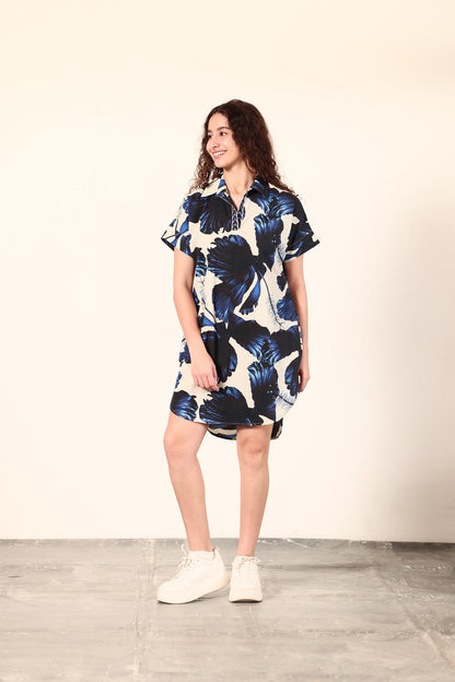 Anna Dress in indigo lillies by Maude Vivante