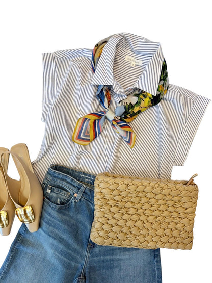 Short Sleeve Button Up Top in navy/white by Mododoc