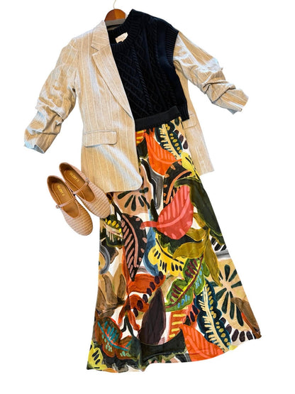 Abstract Printed Midi Skirt in marron by Aldo Martins