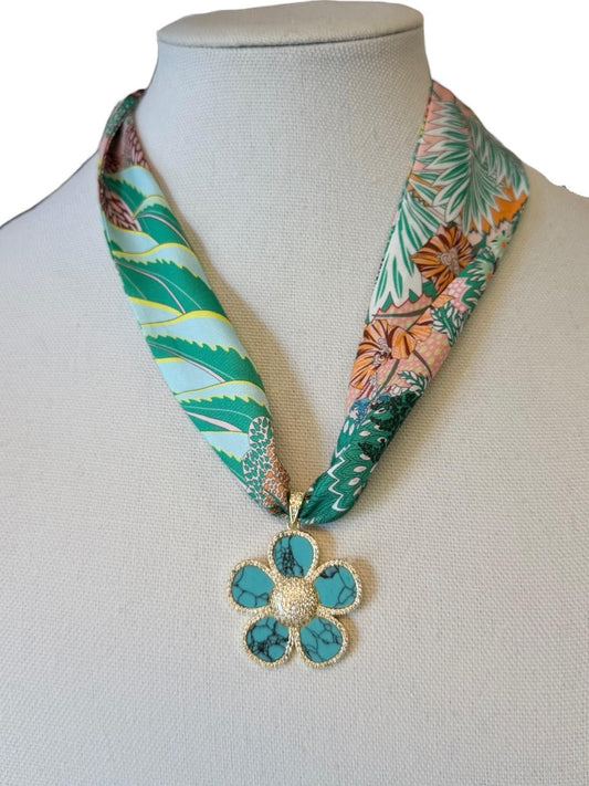 Turquoise Flower Scarf Necklace in green by Virtue