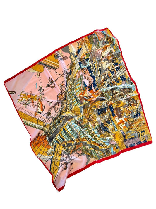 Train Print Silky Twill Scarf in red