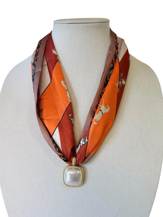 Pearl Square Scarf Necklace in orange by Virtue