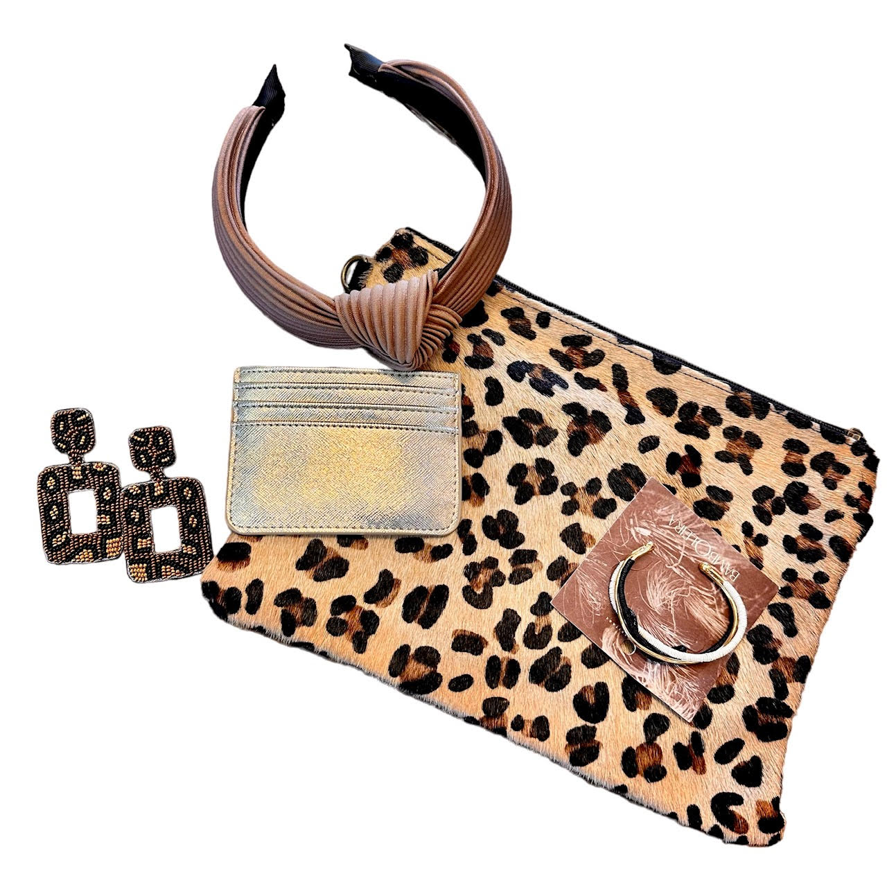 Leopard Bead Rectangle Earrings in brown