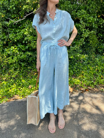 Linen Wide Leg Pants in ocean air by Haris Cotton