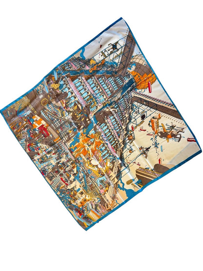 Train Print Silky Twill Scarf in ivory