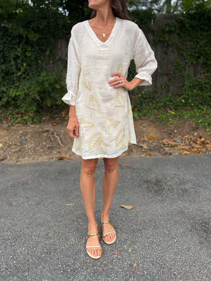 Embroidered Linen Dress in ecru/gold by Haris Cotton