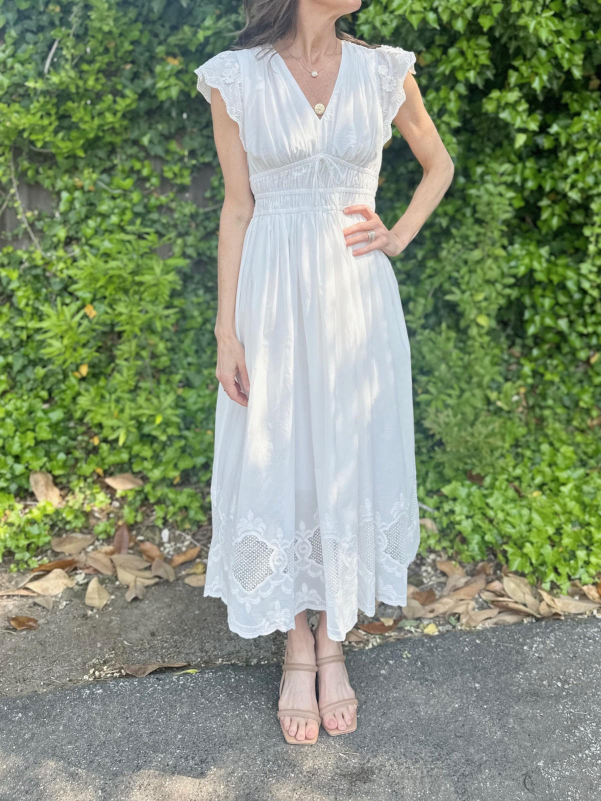 V-neck Flutter Slv White Midi Dress in White by Current Air