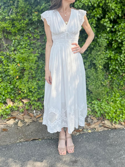 V-neck Flutter Slv White Midi Dress in White by Current Air