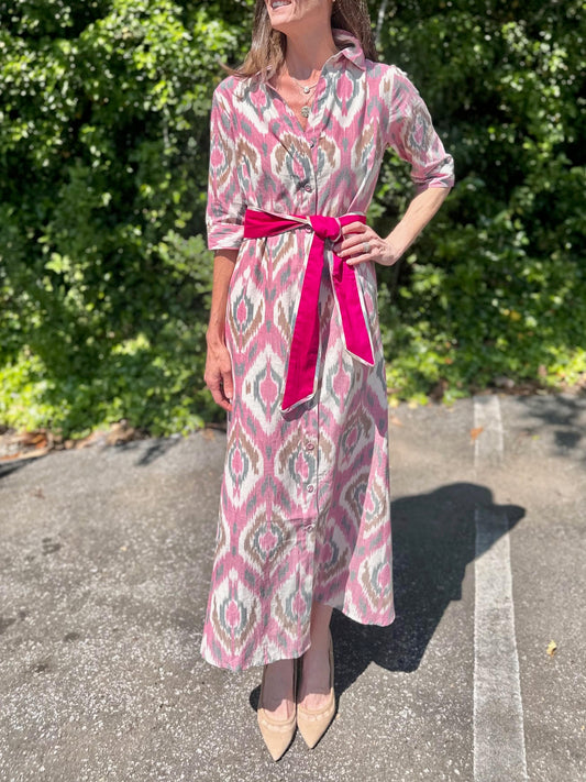 Eloise Maxi Dress in pink/green ikat by Beau & Ro