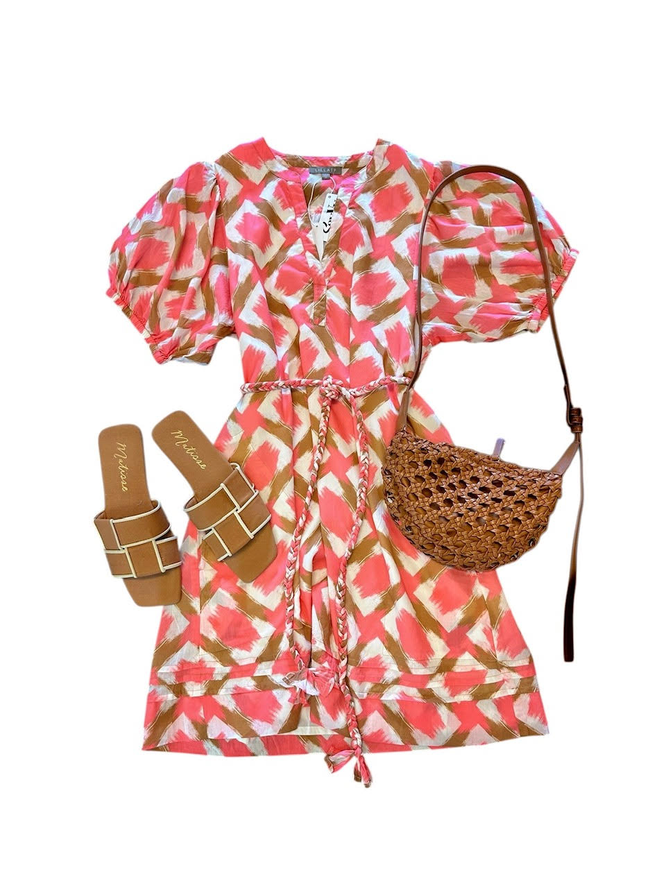 Lilla P Summer Capsule Event- Shirred Elbow Sleeve Dress in punch ikat print