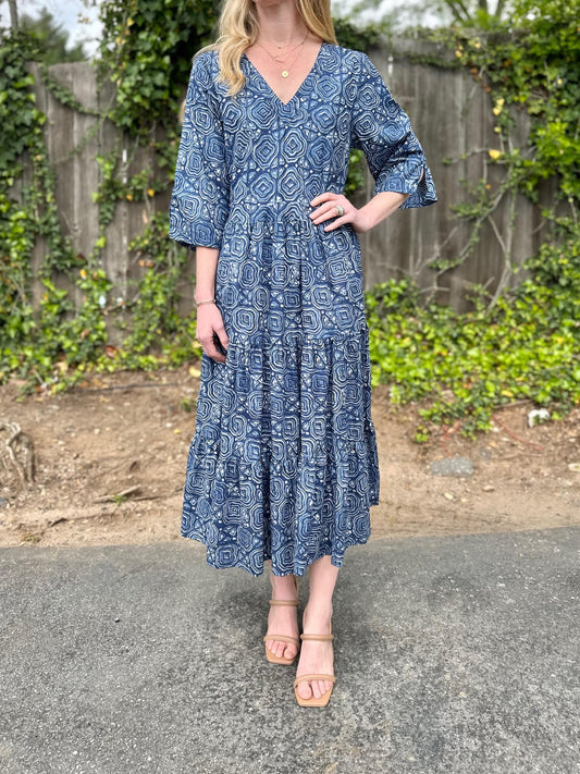 3/4 Sleeve Tiered Maxi Dress in navy/blue by Dress Addict