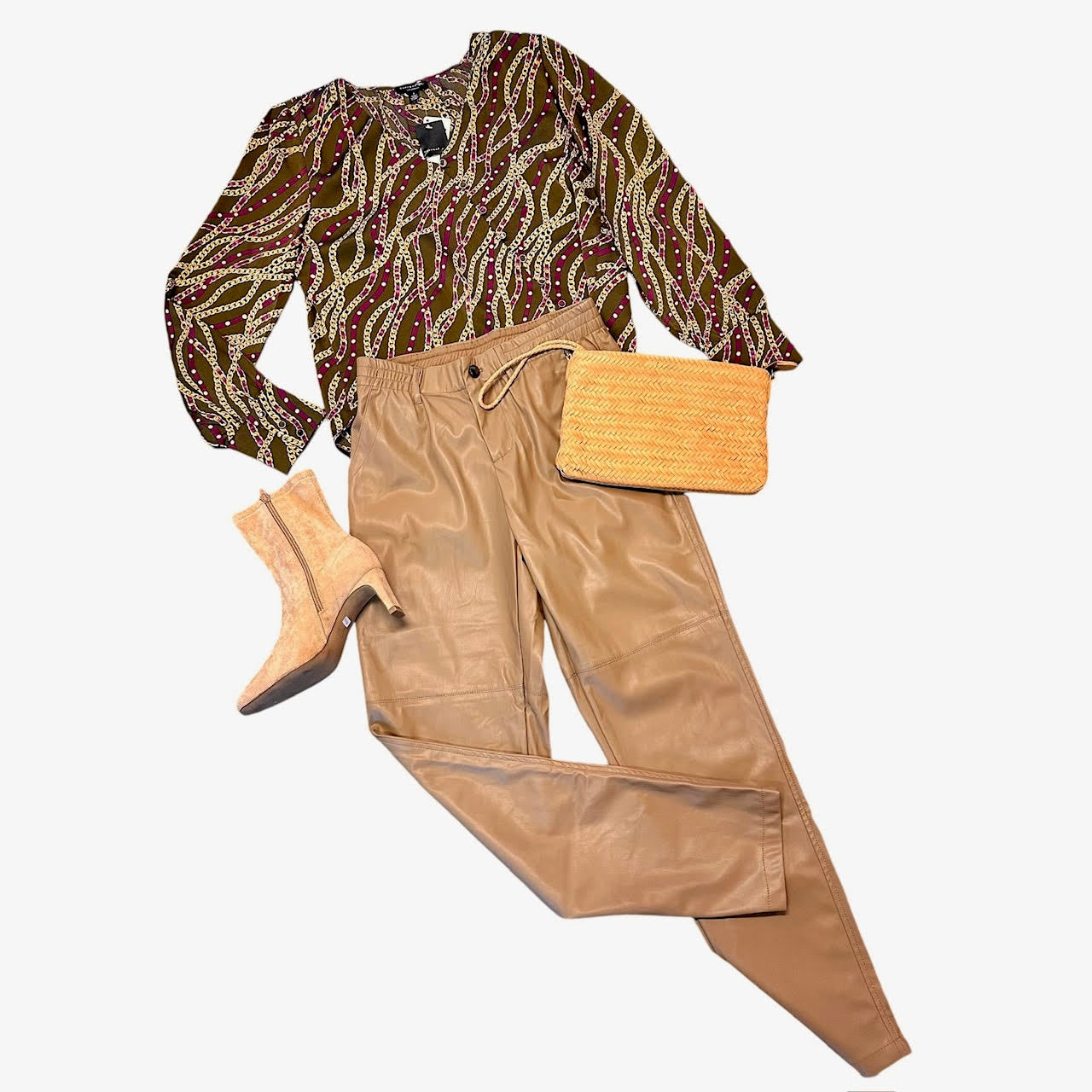 V-Neck Surplus Button Down Printed Blouse in olive/wine by Current Air