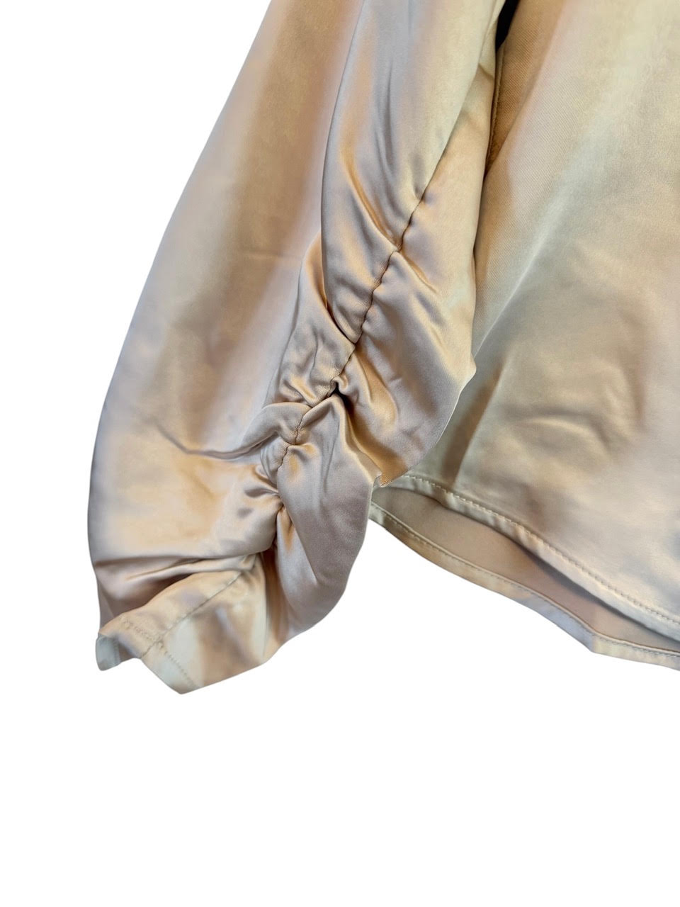 Dessi Satin Ruched Sleeve Button Down in natural champagne by Six Fifty