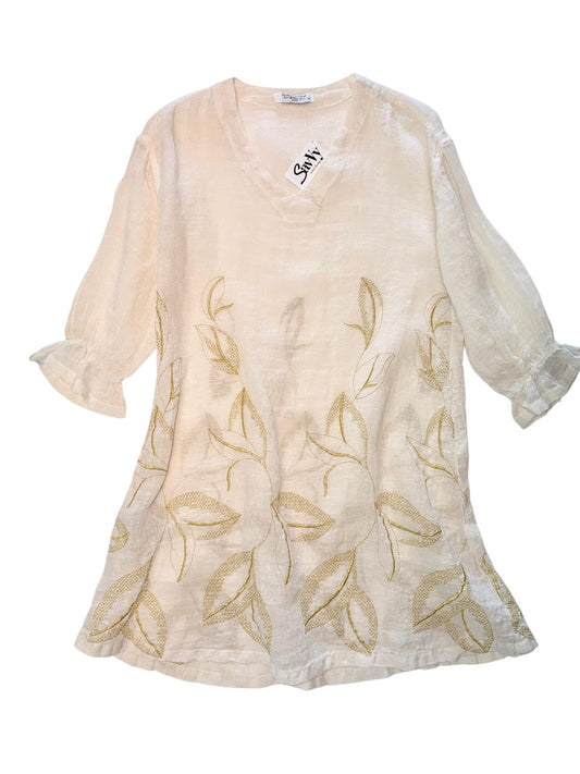 Embroidered Linen Dress in ecru/gold by Haris Cotton